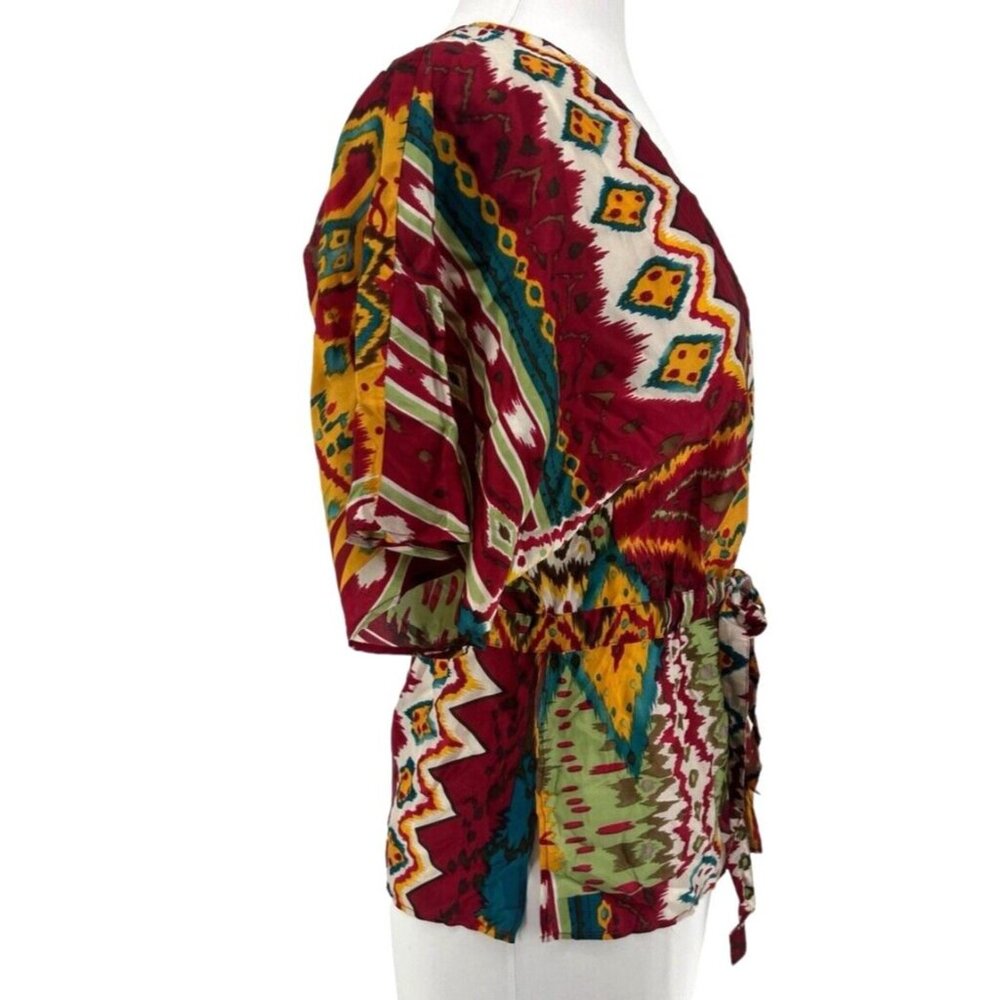 Industrie B Women’s  Silk Blouse Ikat Print-Tie Front- Size Small - Picture 3 of 6